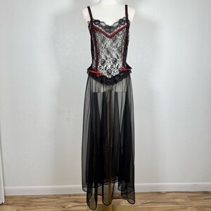 Vintage black red Lace Sheer Sultry long nightgown goth whimsigoth lingerie S
